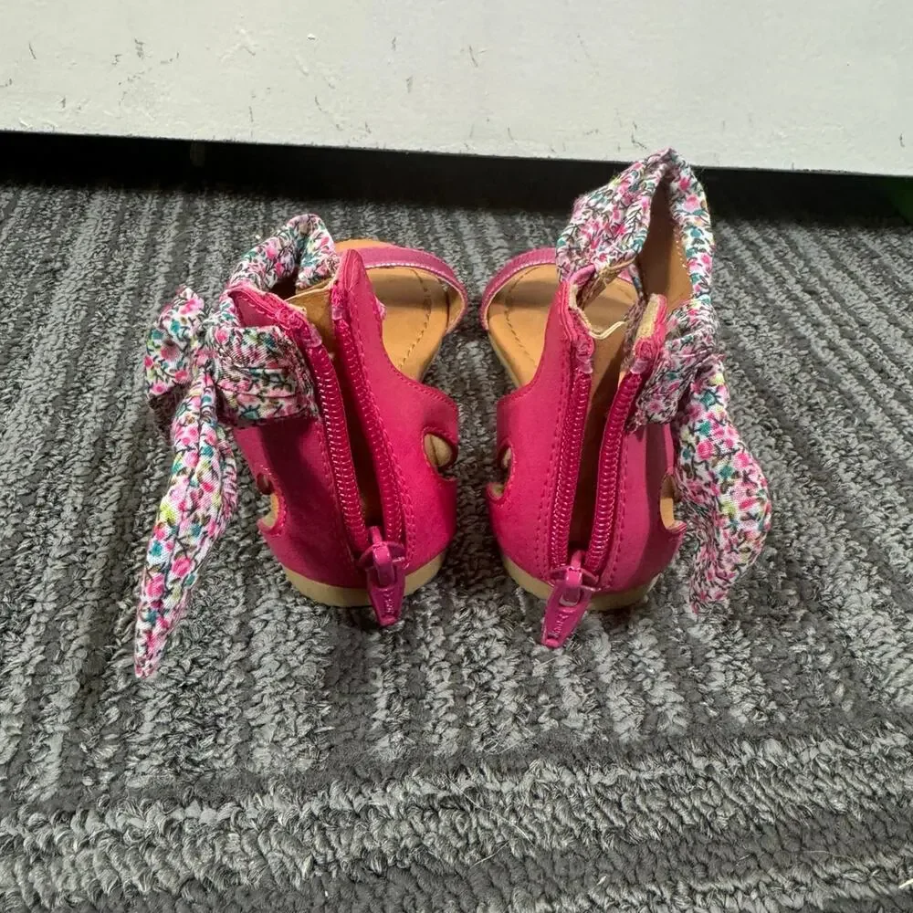 Cat & Jack Girls Pink Floral Bow Ankle Strap Sandals Back Zip Size 8